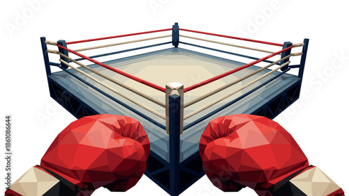 Low poly boxing arena with red gloves: modern geometric art design