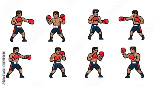 Series of cartoon boxers in various fighting stances and movements