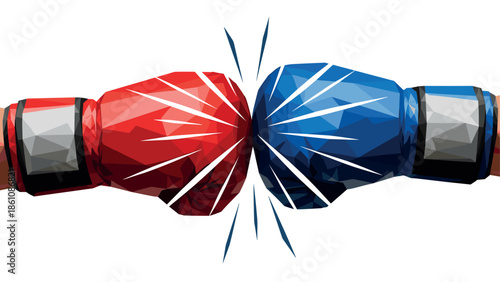 Red and blue low poly boxing gloves clash with dynamic energy and impact