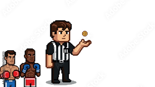 Pixel art boxing match with referee tossing coin: retro game style
