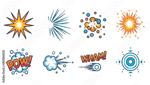 Comic style explosive elements and speech bubbles with dynamic text