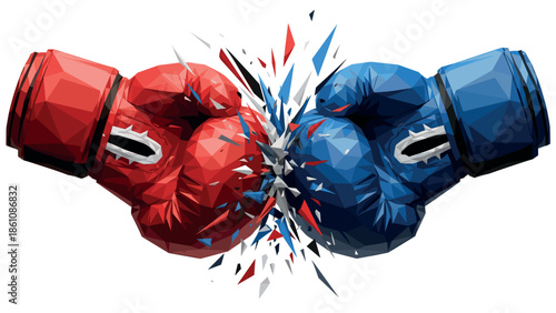 Geometric boxing gloves clash with explosive impact