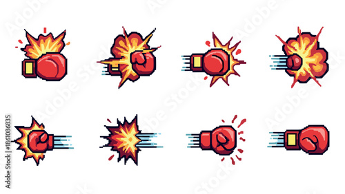 Dynamic pixel art boxing glove explosion set with vibrant action effects