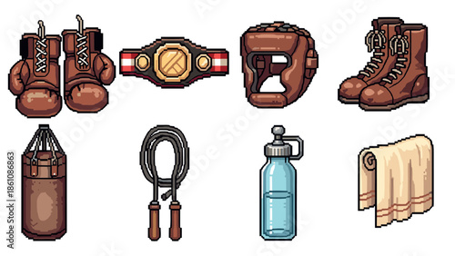 Pixel art boxing gear collection with gloves, belt, and equipment