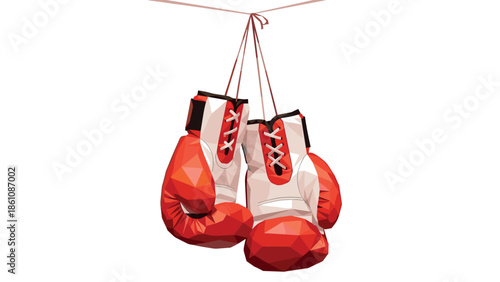 Hanging red boxing gloves with geometric design on white background