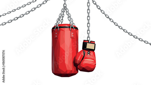 Geometric design of red boxing gloves and punching bag with chains on white background
