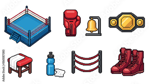 Pixel art boxing: ring, gloves, and championship elements for retro design