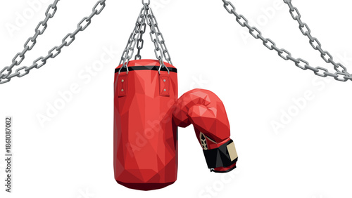 Low poly boxing scene with punching bag and glove in sports gym setting