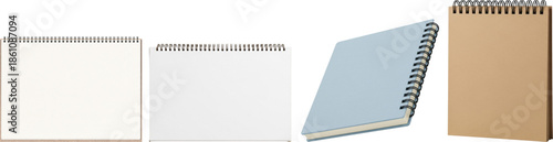 a collection of blank spiral-bound sketchbooks, various colors and positions, isolated on a white background for creative and educational projects.