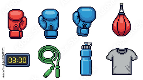 Pixel art boxing equipment icons: gloves, speed bag, clock, jump rope, water bottle, t-shirt