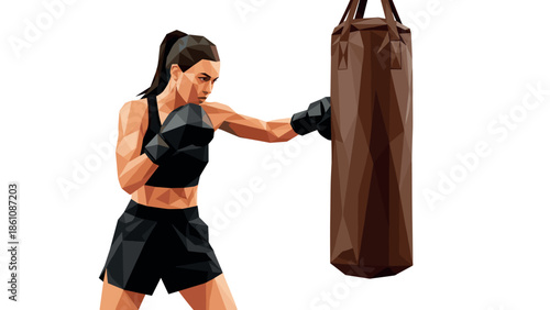 Geometric female boxer training with punching bag in low poly style