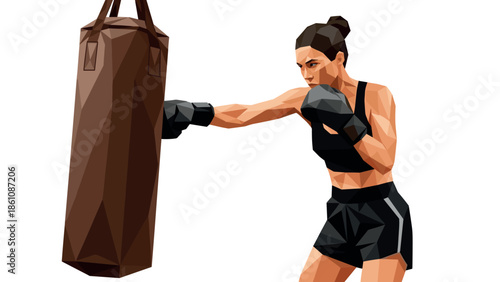 Polygonal female boxer training with punching bag in gym