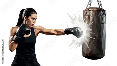 Dynamic polygonal boxer training with punching bag in geometric style