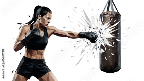 Geometric boxer punching bag: dynamic female athlete in action