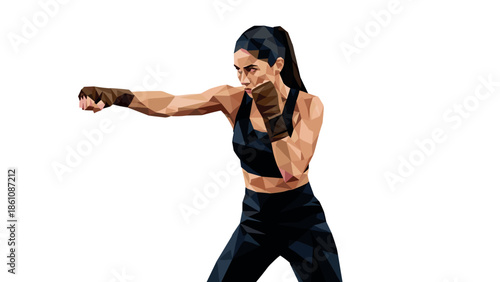 Geometric polygonal female boxer in action pose on white background