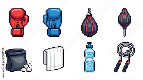 Pixel art boxing equipment icons: gloves, speed bags, jump rope, and more