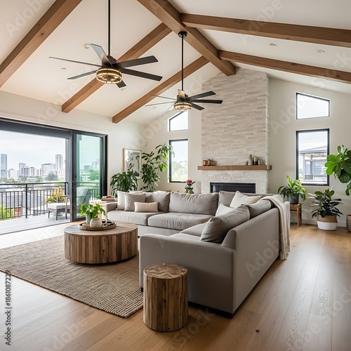 Modern living room with wooden accents.