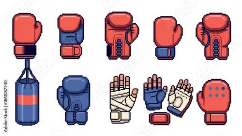 Retro pixel art boxing equipment collection featuring gloves and punching bag