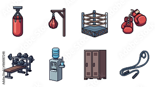 Pixel art fitness icons: boxing equipment and gym essentials