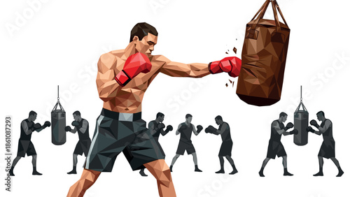 Polygonal boxer training with punching bag in geometric art style