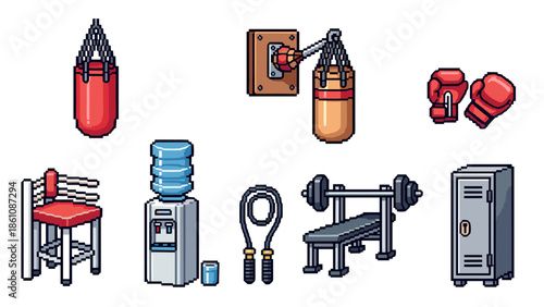 Pixel art gym equipment set: dumbbell, boxing bag, gloves, and water cooler