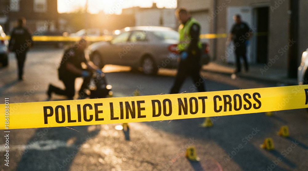 custom made wallpaper toronto digitalPolice tape in sharp focus at dusk crime scene with blurred response.