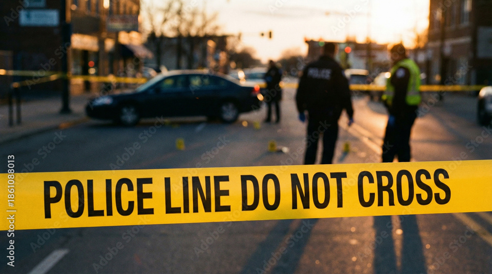 custom made wallpaper toronto digitalPolice tape in sharp focus at dusk crime scene with blurred response.