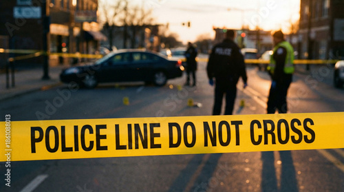Wallpaper Mural Police tape in sharp focus at dusk crime scene with blurred response. Torontodigital.ca