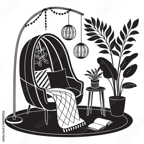 Cozy modern living room with hanging chair and plants