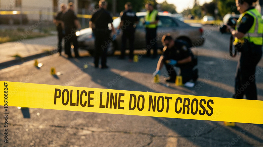 custom made wallpaper toronto digitalPolice tape in sharp focus at dusk crime scene with blurred response.