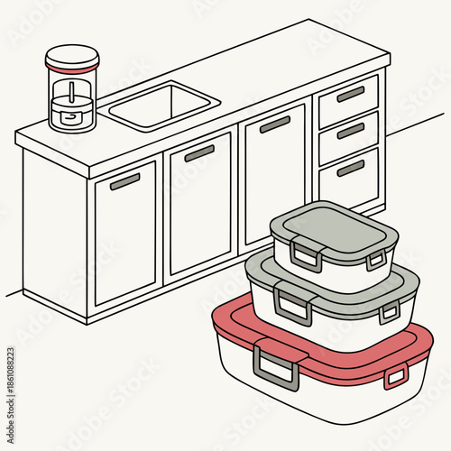 Modern kitchen counter with stacked containers