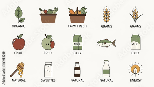 Collection of food and drink icons representing healthy eating and natural products.