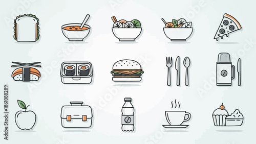 Collection of Food Icons Representing Various Meals and Drinks.