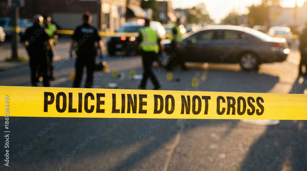custom made wallpaper toronto digitalPolice tape in sharp focus at dusk crime scene with blurred response.