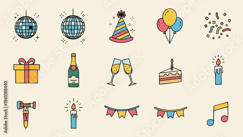 Collection of festive celebration icons for parties and events.