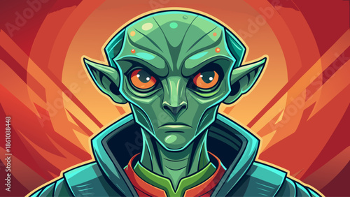 Very beautiful close-up vector illustration of a humanized alien with gentle facial expressions, subtle emotions in the eyes, blending extraterrestrial features with human warmth, minimal futuristic s