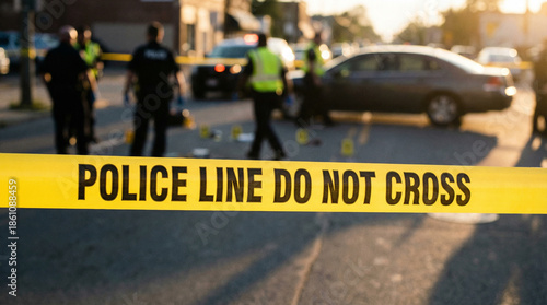 Wallpaper Mural Police tape in sharp focus at dusk crime scene with blurred response. Torontodigital.ca