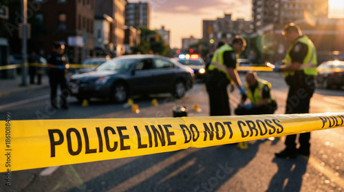 Wallpaper Mural Police tape in sharp focus at dusk crime scene with blurred response. Torontodigital.ca