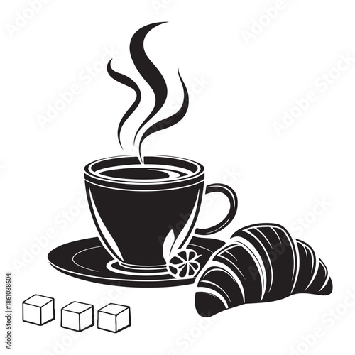 Steaming cup of coffee with croissant and sugar cubes