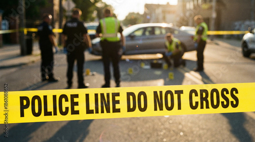Wallpaper Mural Police tape in sharp focus at dusk crime scene with blurred response. Torontodigital.ca