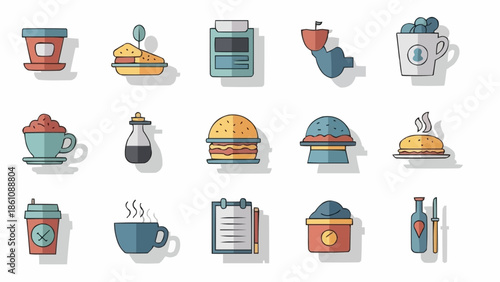 Collection of flat design icons representing food and drink items.