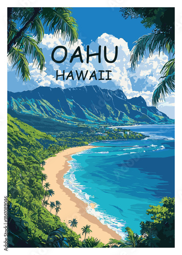 Vibrant vector illustration of Oahu, Hawaii, showcasing a pristine sandy beach, turquoise ocean waves, and lush green mountains under a bright blue sky.