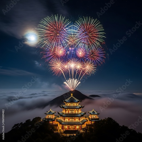 Fireworks exploding over pagoda temple.