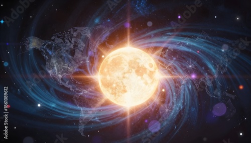 Radiant Sun Surrounded by Cosmic Swirls and Celestial Bodies in a Dreamlike Universe