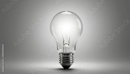 Clear Light Bulb Illuminating Brightly Against Minimalist Soft Gray Background