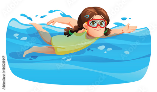 Cute girl wearing goggles and pigtails swimming through water with a smile. Vector cartoon illustration