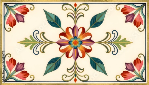 Colorful Floral Ornament Pattern with Leaves and Blossoms on a Cream Background
