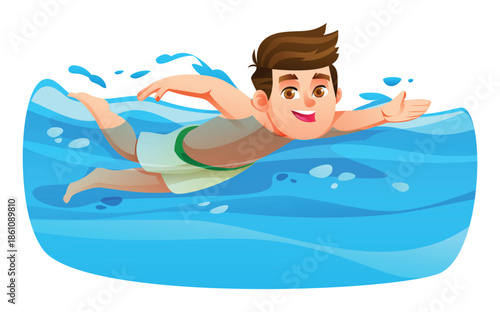 Young boy practicing front crawl stroke in clear blue swimming pool water. Vector cartoon illustration