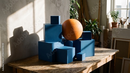 Wallpaper Mural Abstract Composition of Geometric Shapes in Blue with an Orange Sphere in a Well-Lit Studio Torontodigital.ca