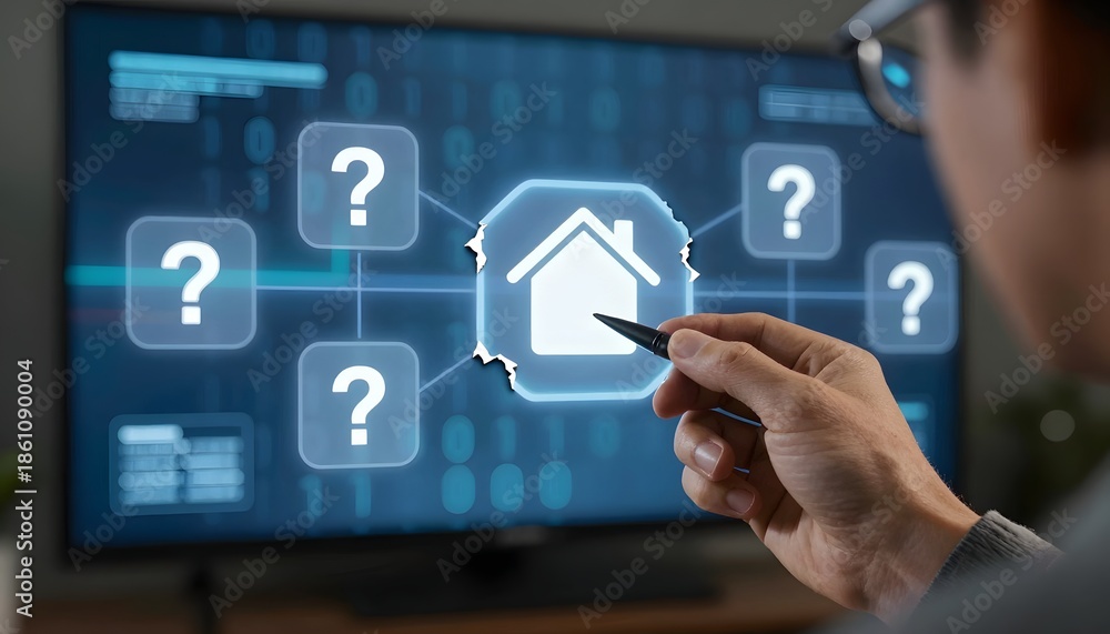 custom made wallpaper toronto digitalIndividual Analyzing Smart Home Technology Interface on Digital Display with Question Icons
